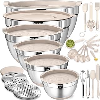 Mixing Bowls with Airtight Lids Set, 26PCS Stainless Steel Khaki Bowls with Grater Attachments, Non-Slip Bottoms & Kitchen Gadgets Set, Siz...