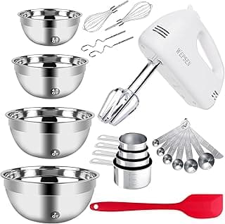 WEPSEN 5-Speed Electric Hand Mixer, 4 Large Mixing Bowls Set, Handheld Mixers with Whisks Beater, Stainless Steel Metal Nesting Bowl Measur...